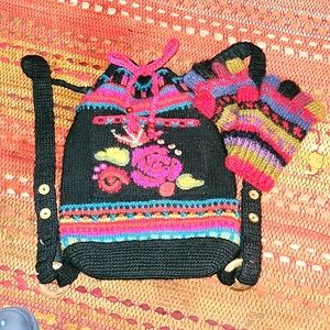 Adorable knit backpack and fingerless glove set.